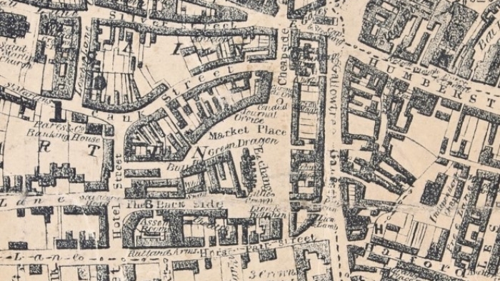 Extract of Leicester map from the 1844 Ordnance Survey showing location of the Green Dragon: courtesy of the Record Office for Leicestershire, Leicester and Rutland