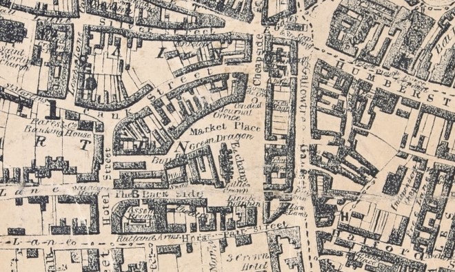 Extract of Leicester map from the 1844 Ordnance Survey showing location of the Green Dragon: courtesy of the Record Office for Leicestershire, Leicester and Rutland